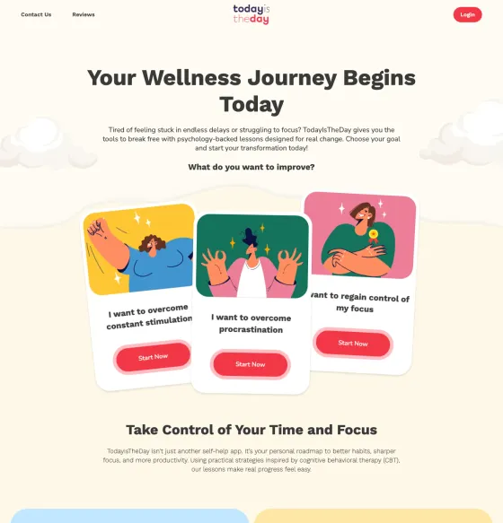 TodayIsTheDay landing page with three goal cards