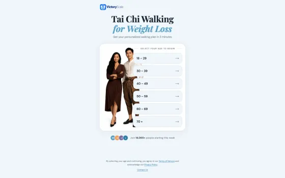 VictoryScale landing page with an age selector that starts the quiz